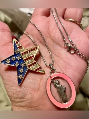 Patriotic Star Brooch in Red, White & Blue and Statue of Liberty Pendant